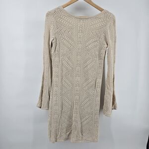 Just Fab Mini Crochet Shift Dress in Birch White, bell sleeves, nude slip Sz L